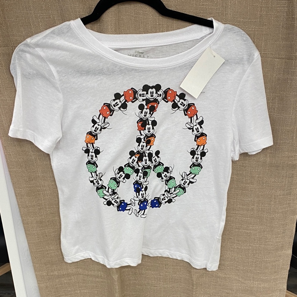 Disney White Tee with Multicolor Mickey Peace Sign